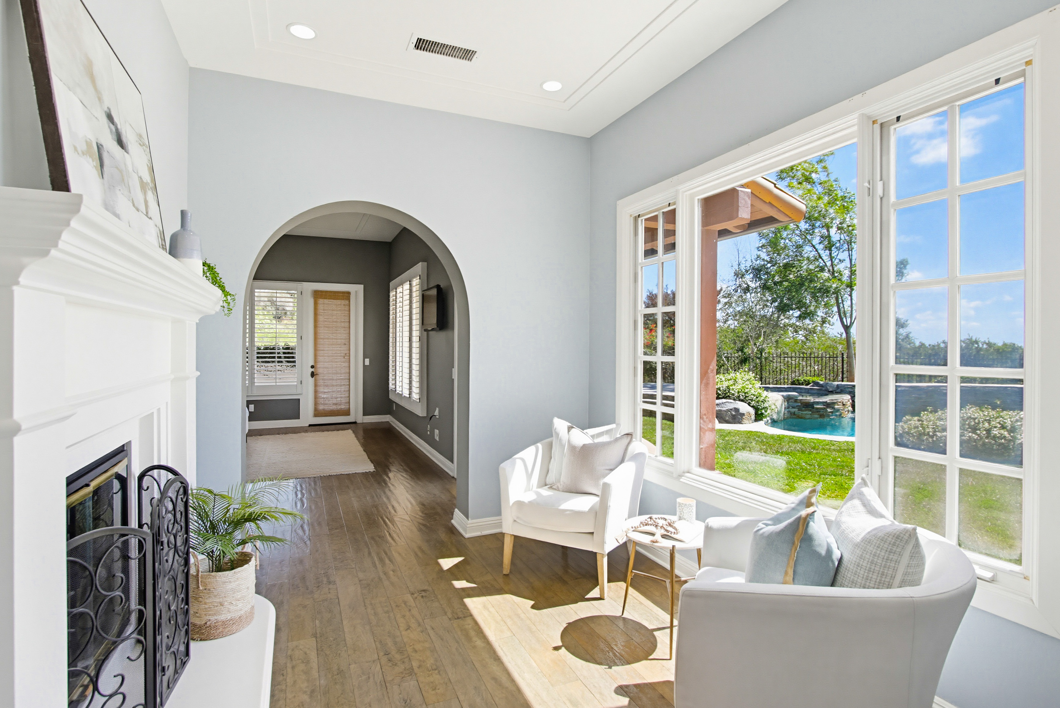 Santaluz staged sunroom pool view gated community San Diego staging
